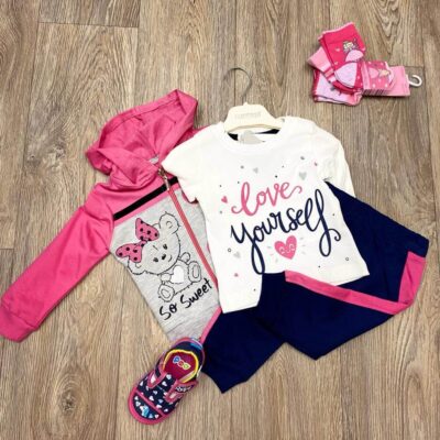 Baby’s Teddy Print Top+ Zipper Hoodie+ Leggings